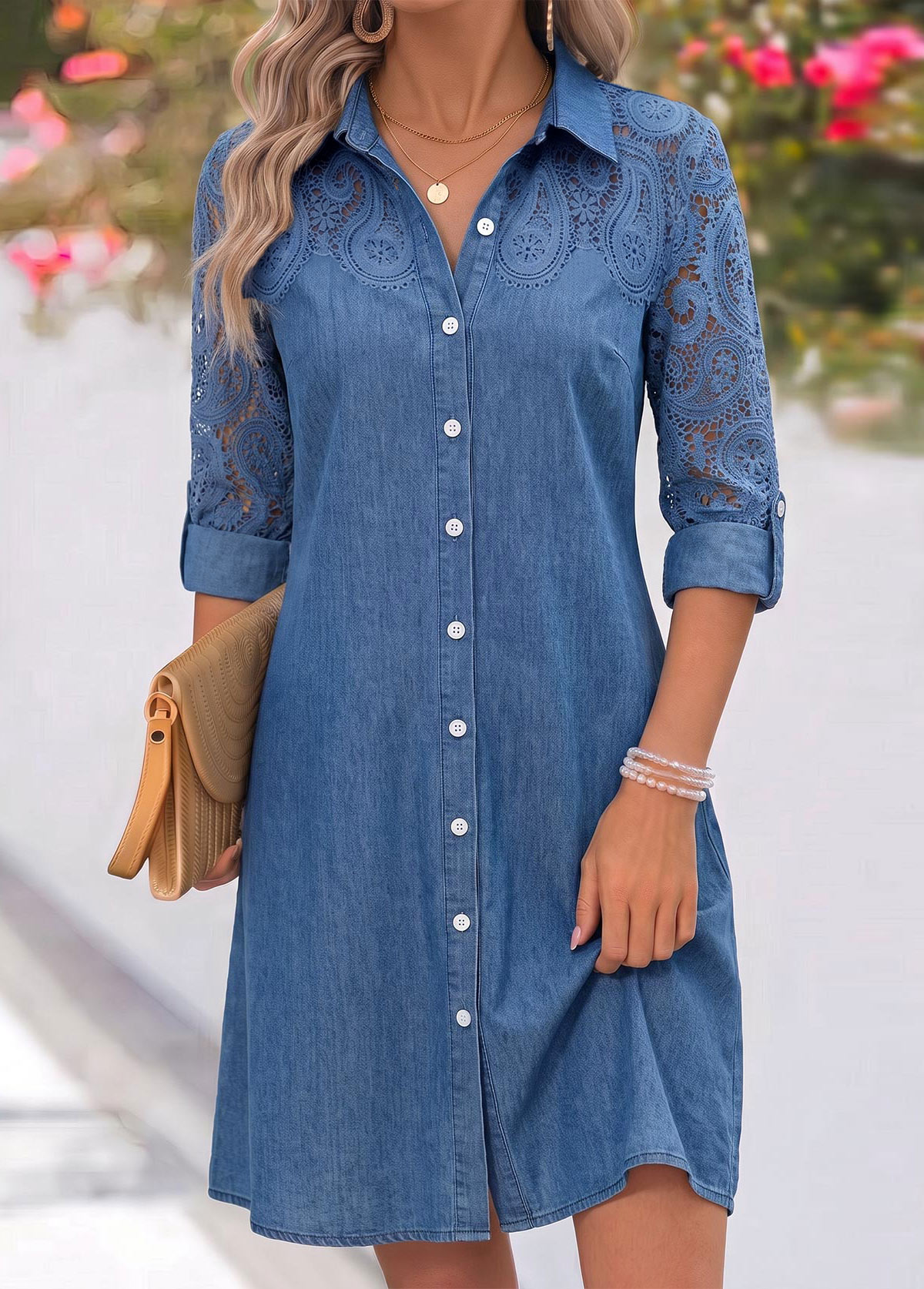 Modlily Denim Blue Short Patchwork Long Sleeve Shirt Collar Dress - S