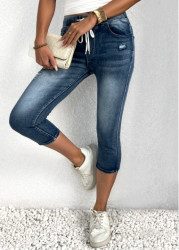 Modlily Denim Blue Skinny Elastic Waist High Waisted Shorts - 2XL