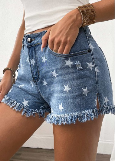 Modlily Denim Blue Star Print Button Fly High Waisted Shorts - 2XL