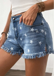 Modlily Denim Blue Star Print Button Fly High Waisted Shorts - S