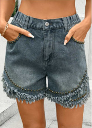 Modlily Denim Blue Straight Leg Button Fly High Waisted Shorts - 2XL