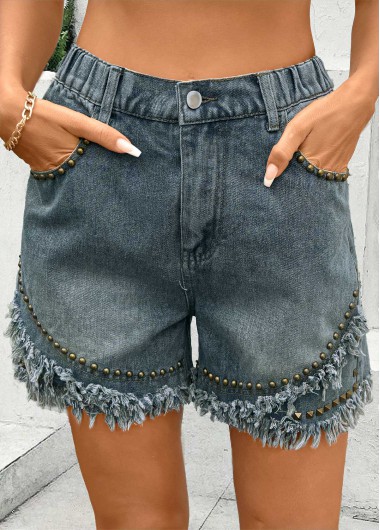 Modlily Denim Blue Straight Leg Button Fly High Waisted Shorts - S