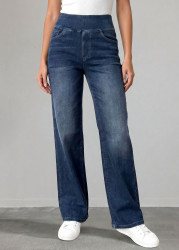 Modlily Denim Blue Straight Leg Elastic Waist High Waisted Jeans - L