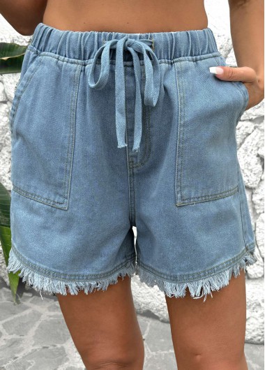 Modlily Denim Blue Straight Leg Elastic Waist High Waisted Shorts - S