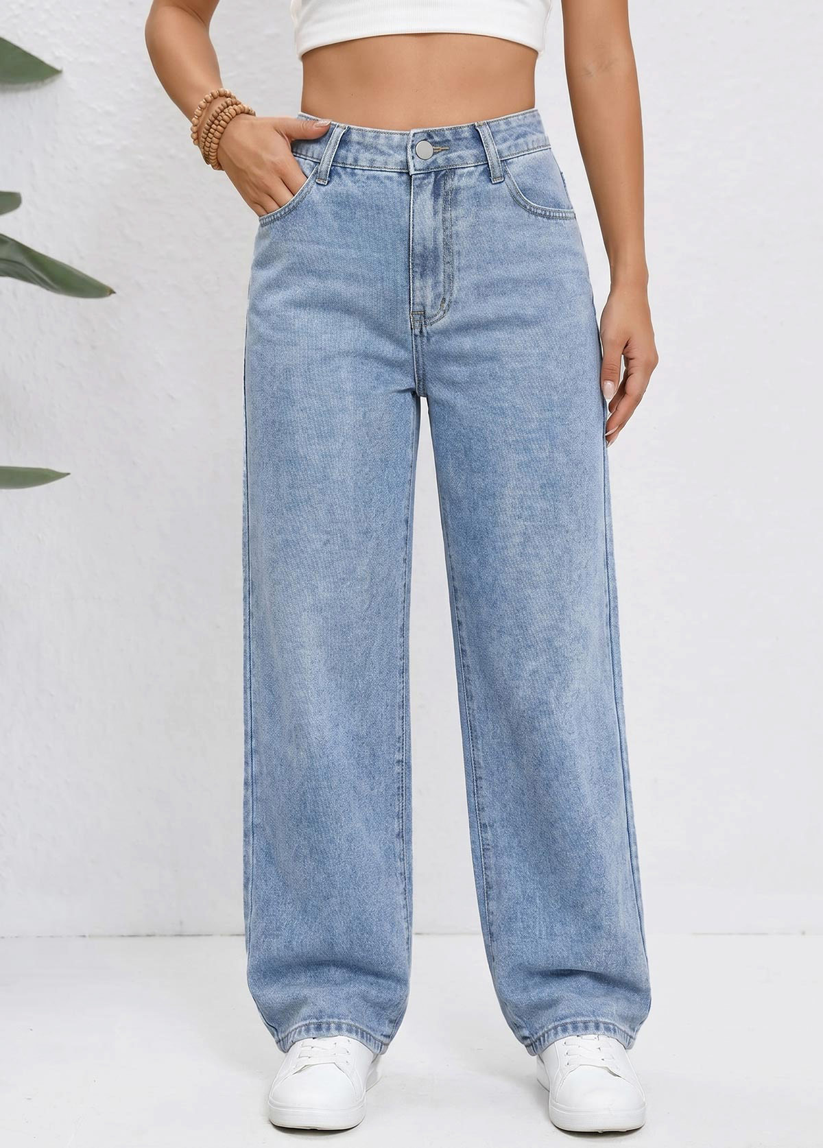 Modlily Denim Blue Straight Leg Zipper Fly High Waisted Jeans - XXL