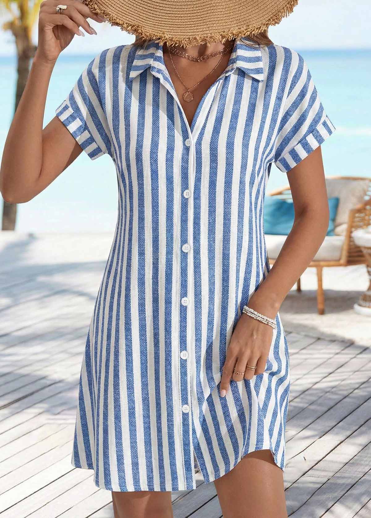 Modlily Denim Blue Striped Short Tummy Coverage Shirt Collar Dress - S