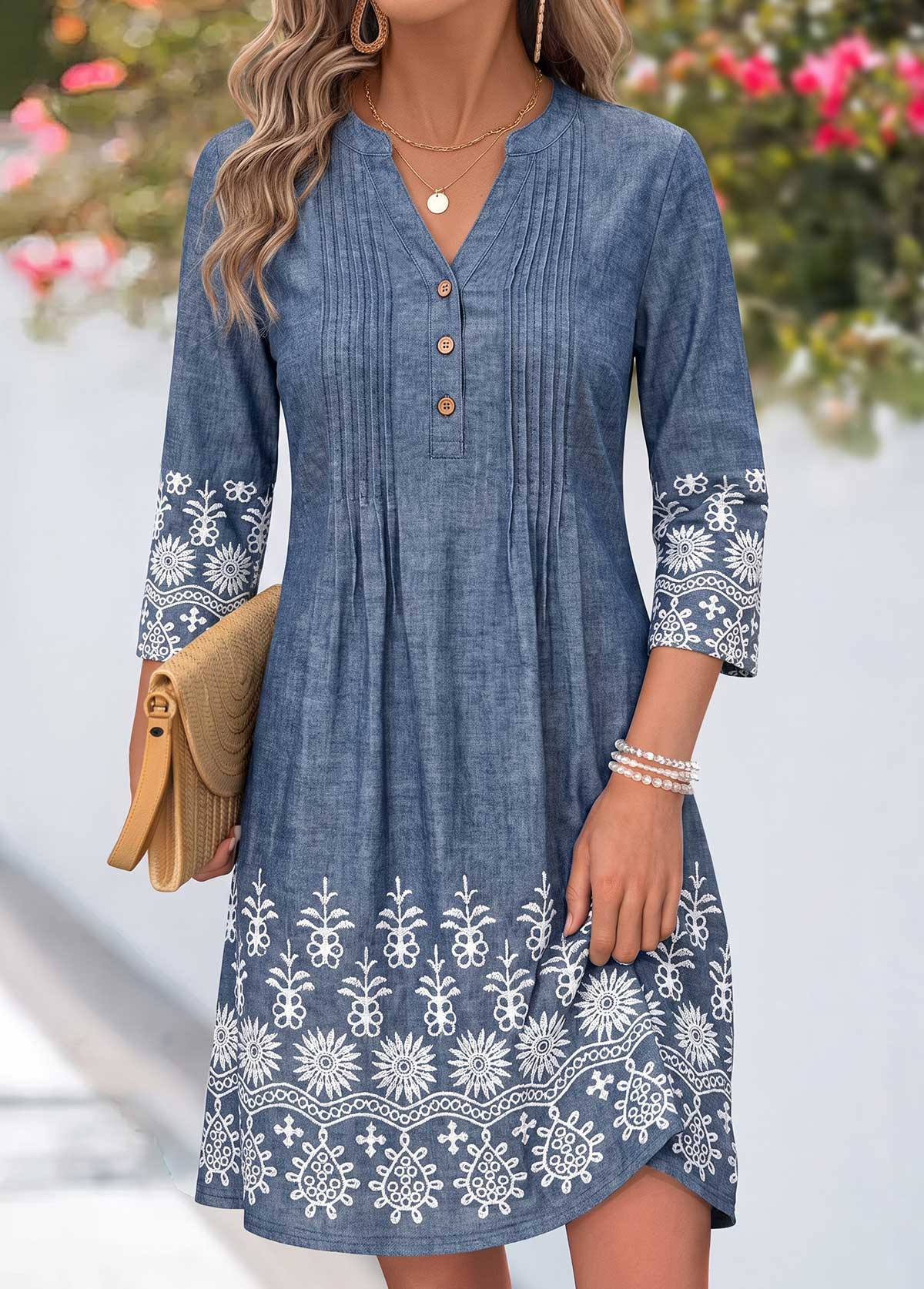 Modlily Denim Blue Tribal Print Short Tuck Stitch Dress - S