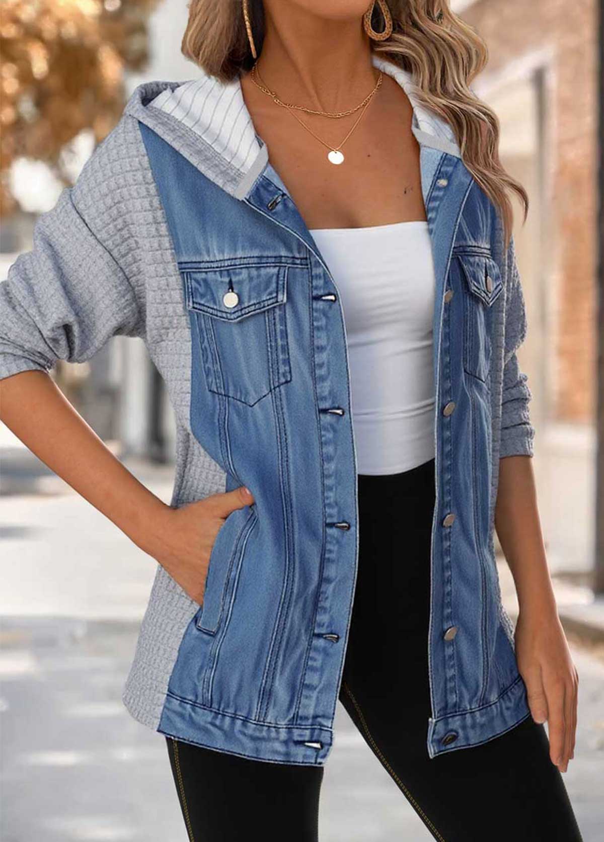 Modlily Denim Blue Tummy Coverage Long Sleeve Hooded Coat - S