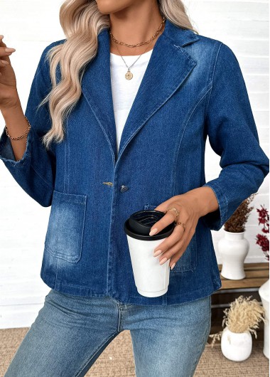 Modlily Denim Blue Tummy Coverage Long Sleeve Lapel Coat - S