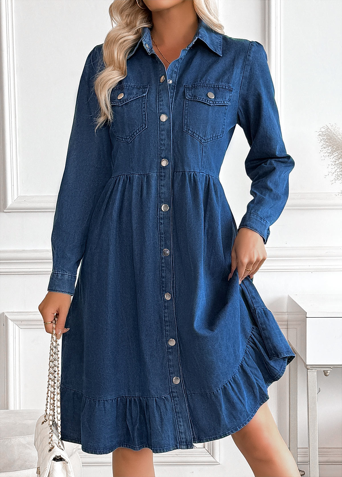 Modlily Denim Blue Tummy Coverage Long Sleeve Shirt Collar Dress - S