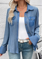Modlily Denim Blue Tummy Coverage Striped Long Sleeve Shirt - M