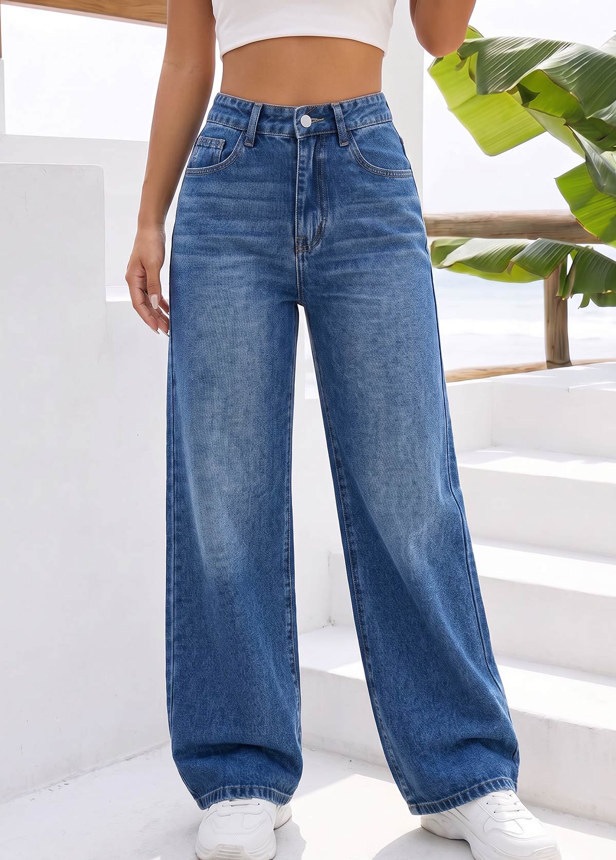 Modlily Denim Blue Wide Leg Button Fly High Waisted Jeans - M