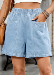 Modlily Denim Blue Wide Leg Elastic Waist High Waisted Shorts - 2XL