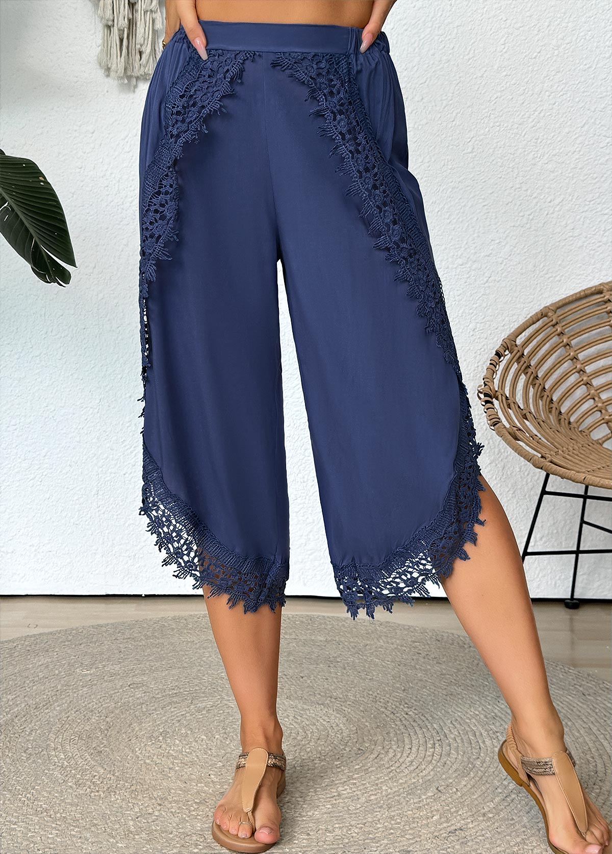 Modlily Denim Blue Wide Leg Elastic Waist Mid Waisted Pants - S