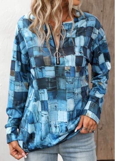 Modlily Denim Blue Zipper Geometric Print Long Sleeve Sweatshirt - S