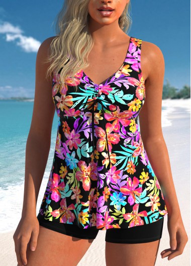 Modlily Drawstring Floral Print Multi Color Tankini Set - S
