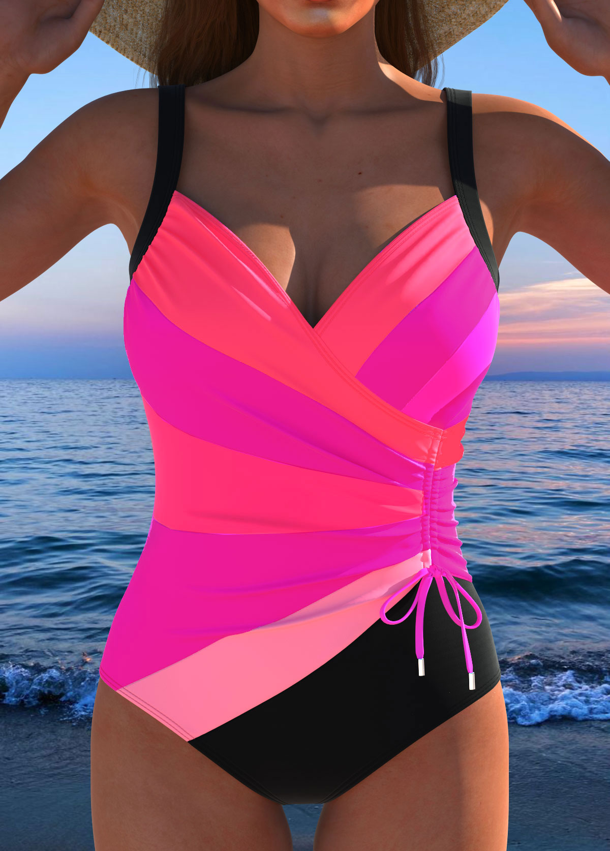 Modlily Drawstring Multi Stripe Print Hot Pink One Piece Swimwear - S
