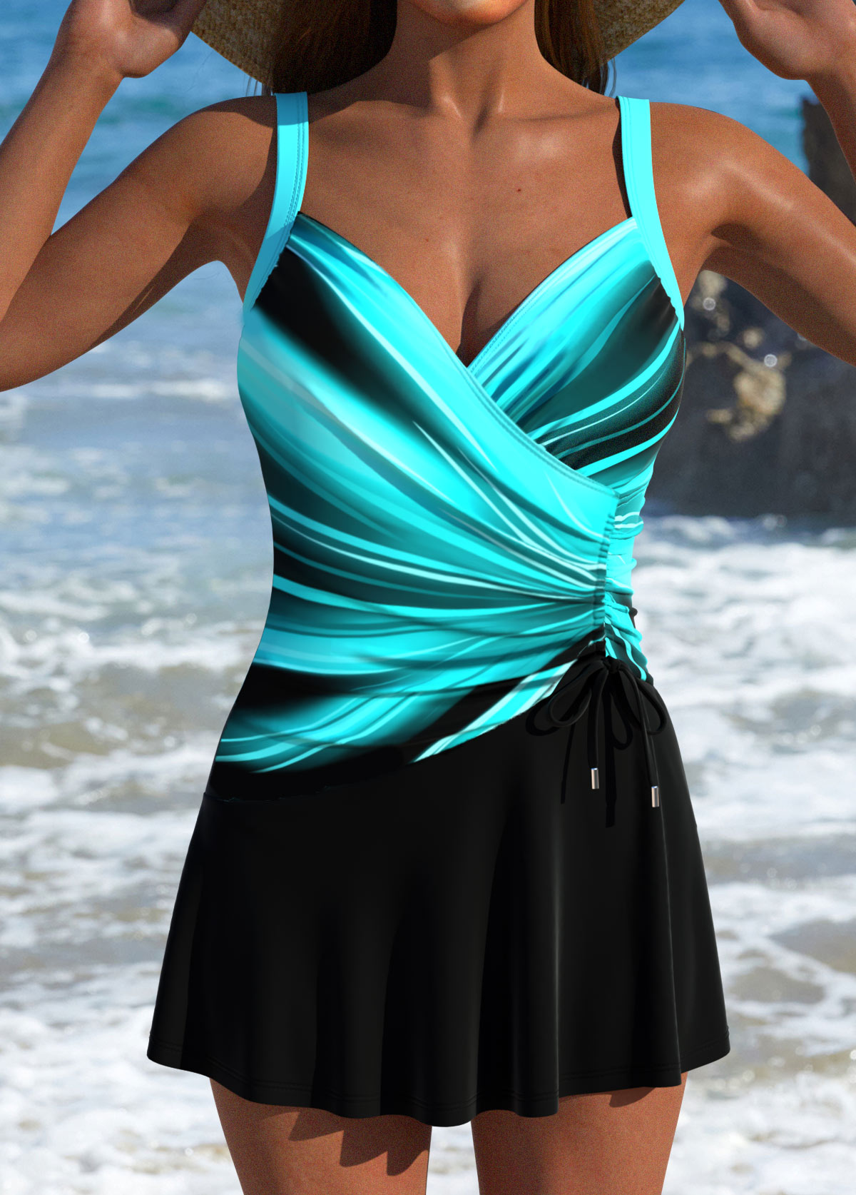Modlily Drawstring Ombre Cyan One Piece Swimdress - S