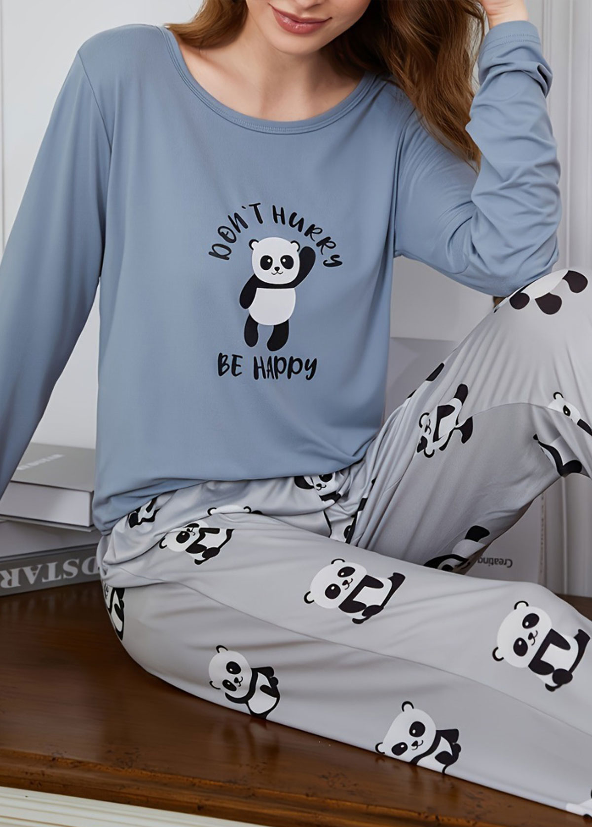 Modlily Dusty Blue Animal Lounge Top and Round Neck Pants - M