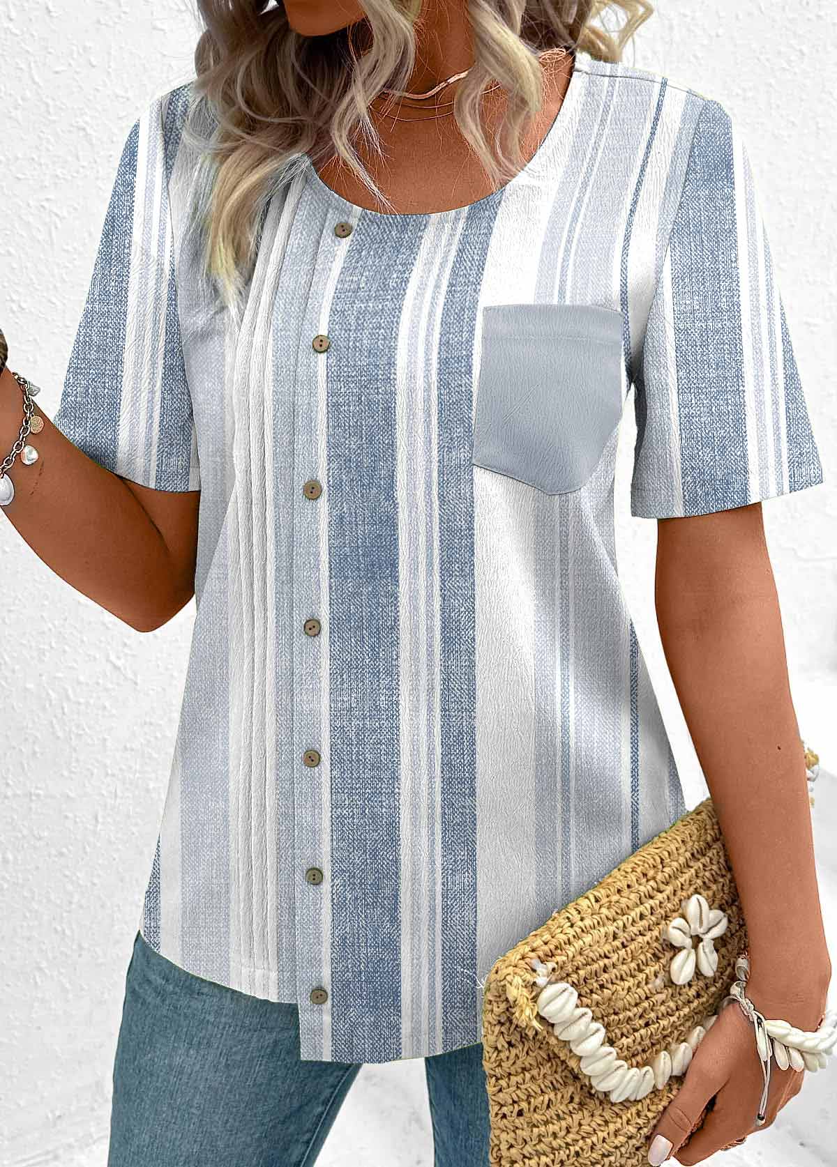 Modlily Dusty Blue Asymmetry Multi Stripe Print Short Sleeve Blouse - S