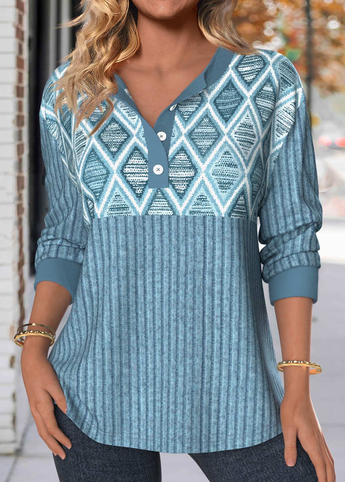 Modlily Dusty Blue Button Geometric Print Long Sleeve Sweatshirt - M