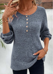 Modlily Dusty Blue Button Long Sleeve Round Neck T Shirt - XL