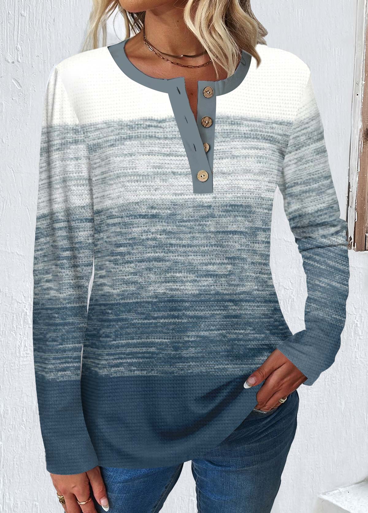Modlily Dusty Blue Button Long Sleeve Round Neck T Shirt - M