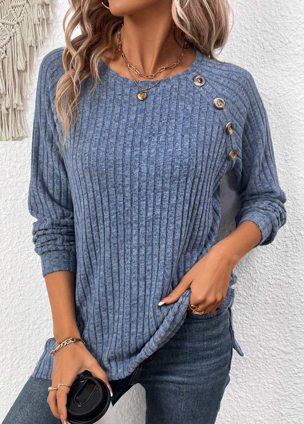 Modlily Dusty Blue Button Long Sleeve Round Neck T Shirt - M