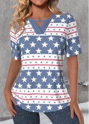 Modlily Dusty Blue Cut Out Star Print T Shirt - XL