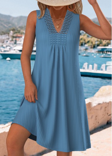Modlily Dusty Blue Embroidery A Line Sleeveless V Neck Dress - S