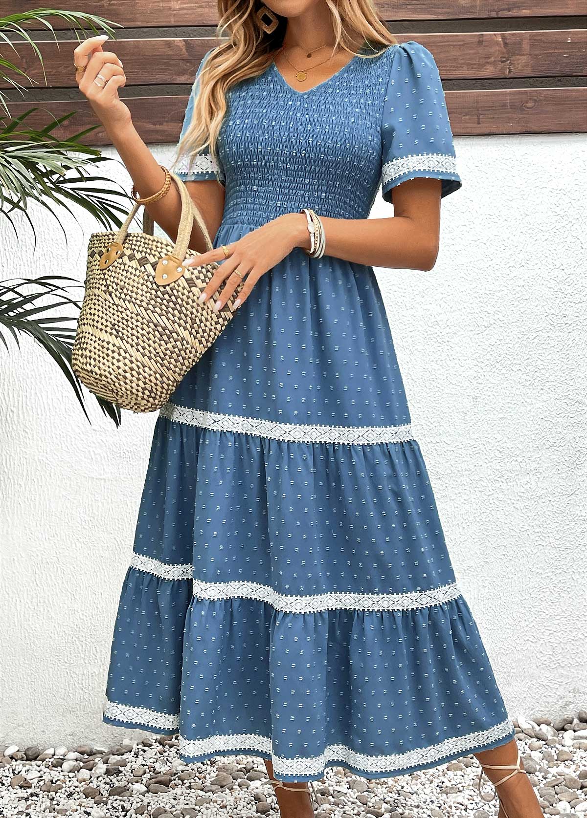 Modlily Dusty Blue Embroidery Short Sleeve V Neck Dress - XL