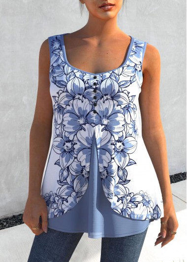 Modlily Dusty Blue Faux Two Piece Floral Print Tank Top - S