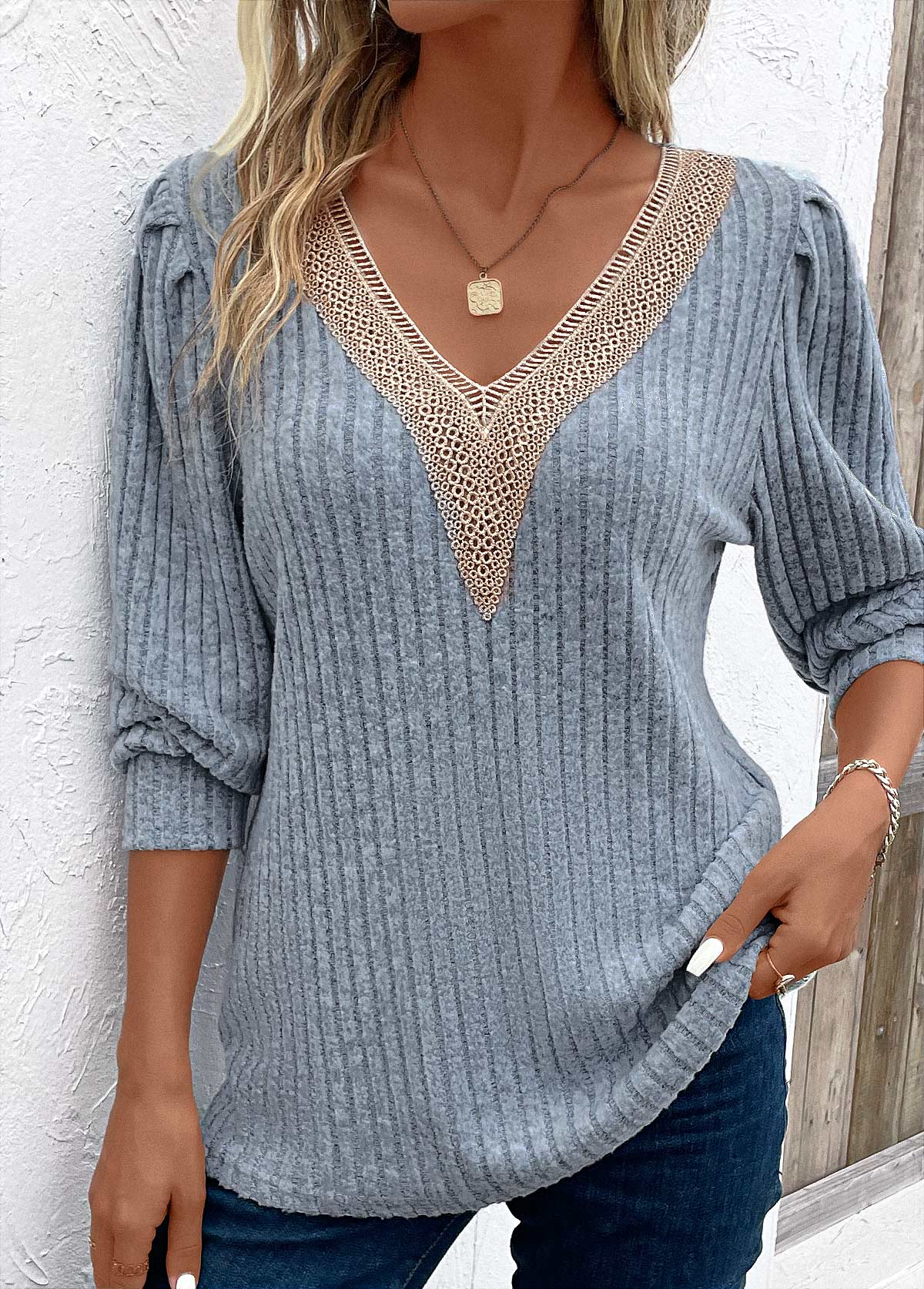Modlily Dusty Blue Lace Long Sleeve V Neck T Shirt - 2XL