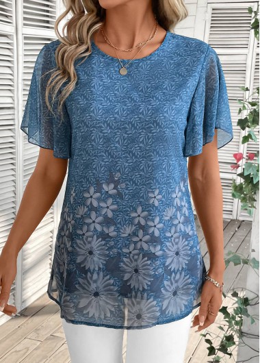 Modlily Dusty Blue Lightweight Floral Print Short Sleeve T Shirt - M