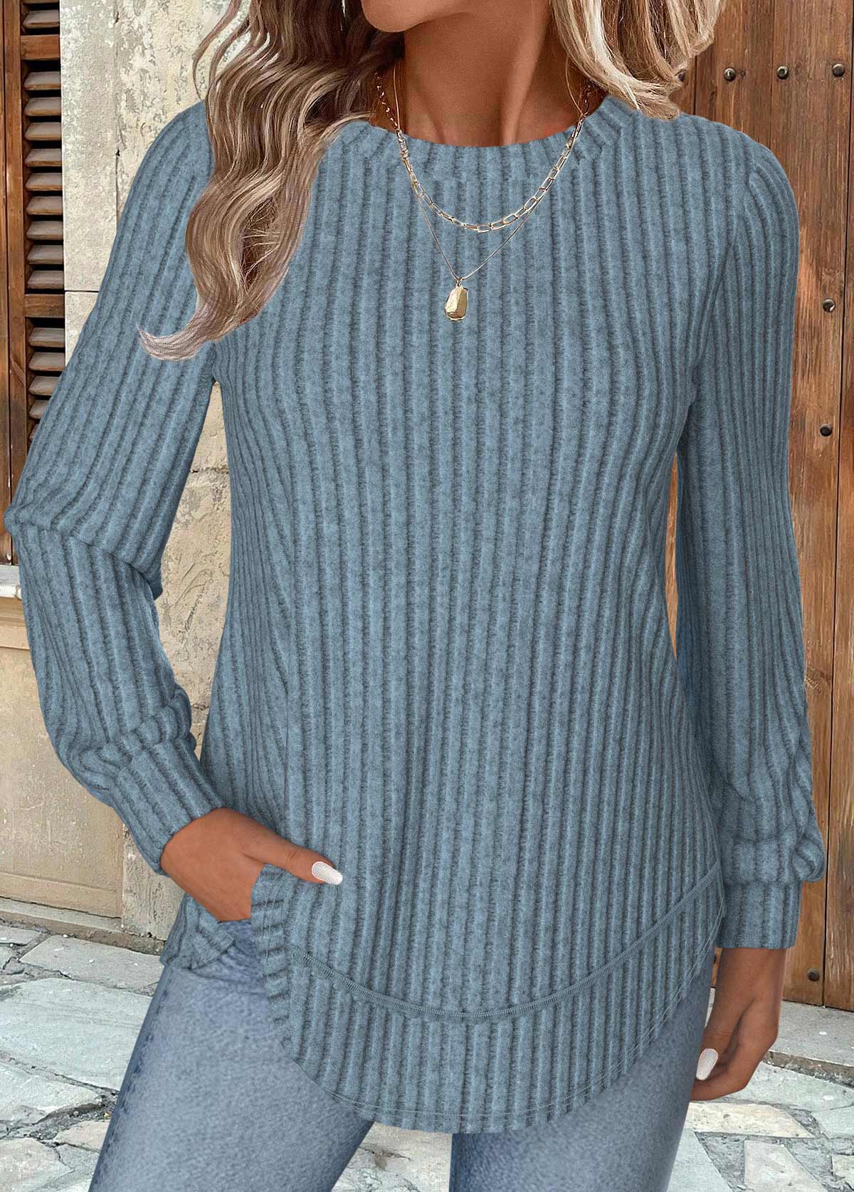 Modlily Dusty Blue Long Sleeve Round Neck Sweatshirt - S