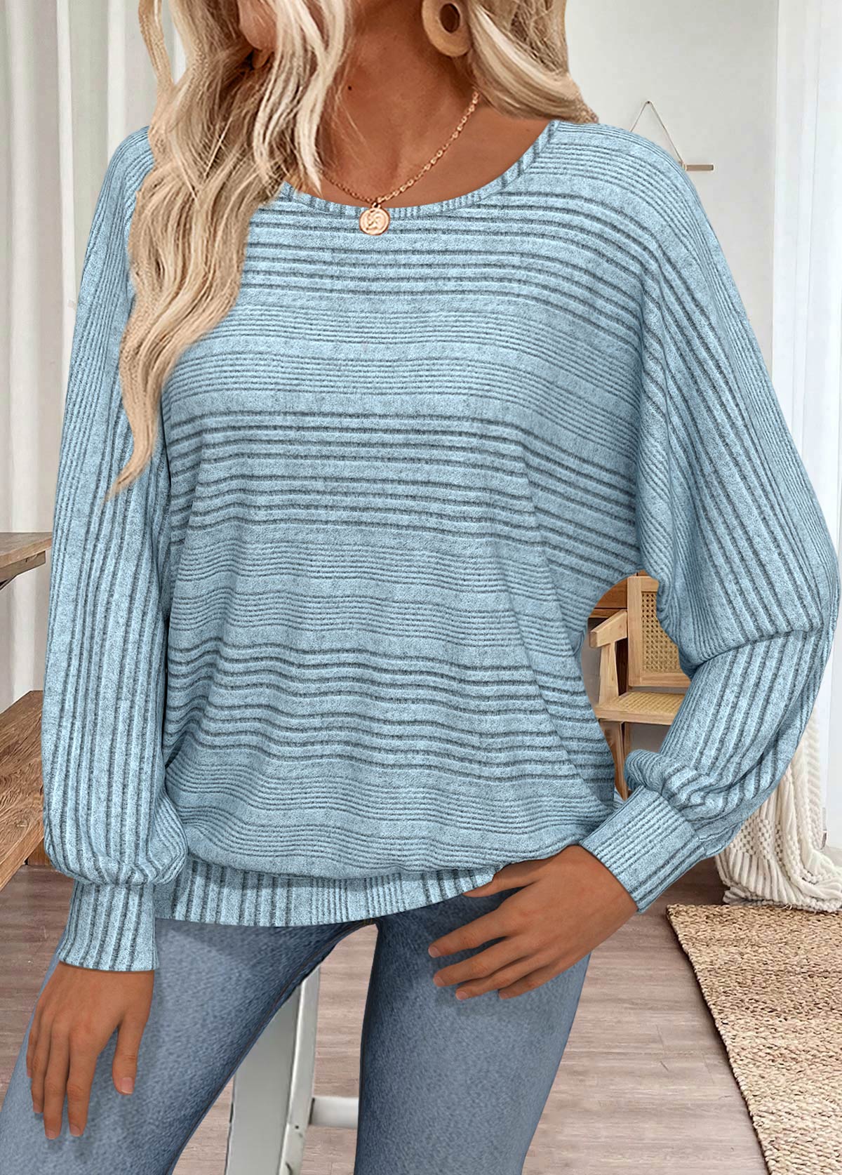 Modlily Dusty Blue Long Sleeve Round Neck T Shirt - S