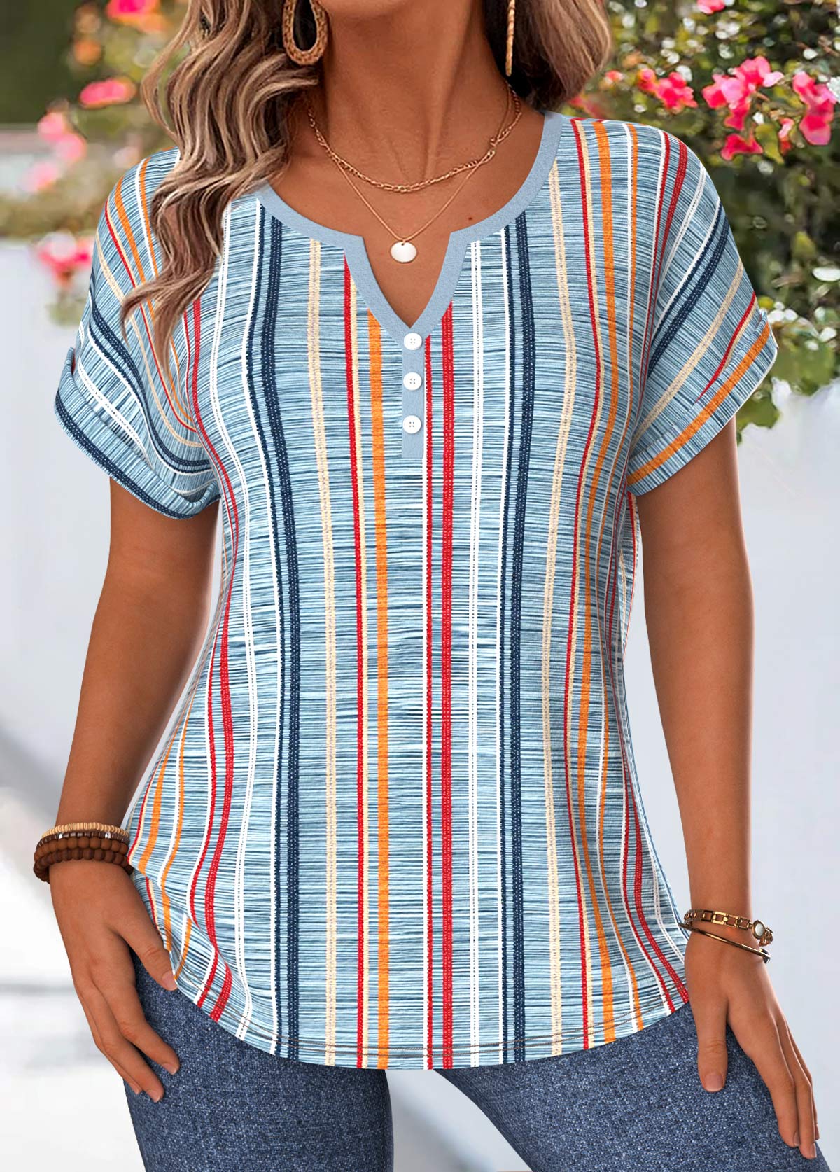 Modlily Dusty Blue Multi Stripe Print Tummy Coverage Blouse - S