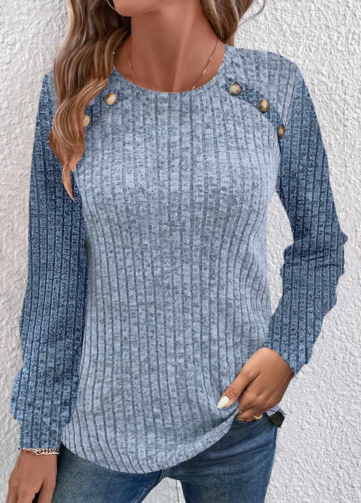 Modlily Dusty Blue Patchwork Long Sleeve Round Neck Sweatshirt - XXL
