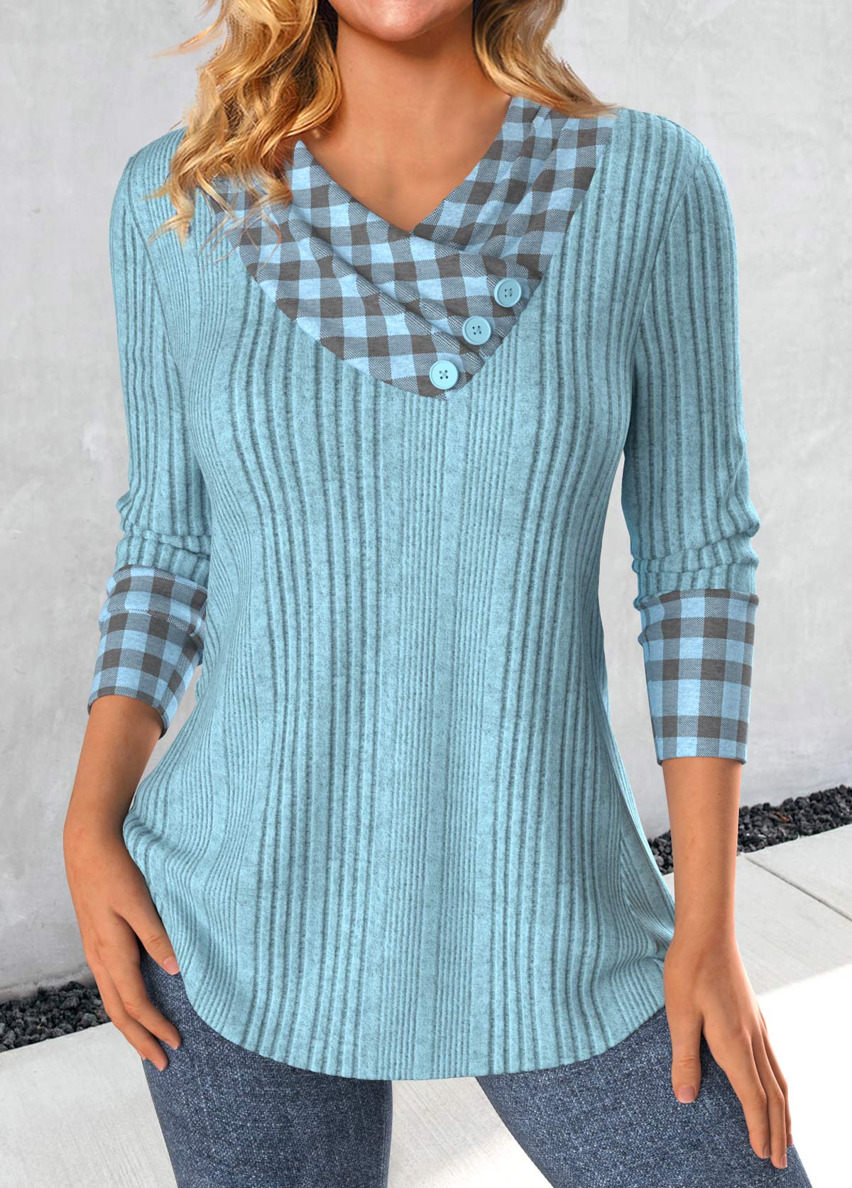 Modlily Dusty Blue Patchwork Plaid Long Sleeve Sweatshirt - XL