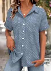 Modlily Dusty Blue Polka Dot Short Sleeve Shirt - S