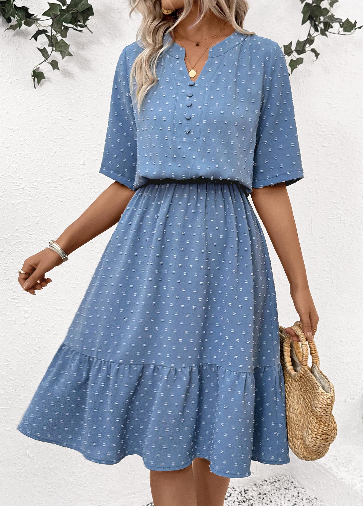 Modlily Dusty Blue Polka Dot Short Sleeve Split Neck Dress - S