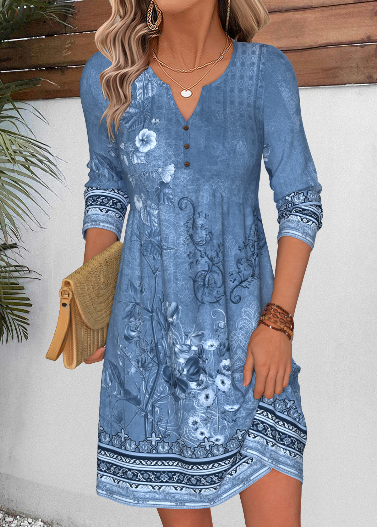 Modlily Dusty Blue Random Floral Print Short Shirred Dress - L