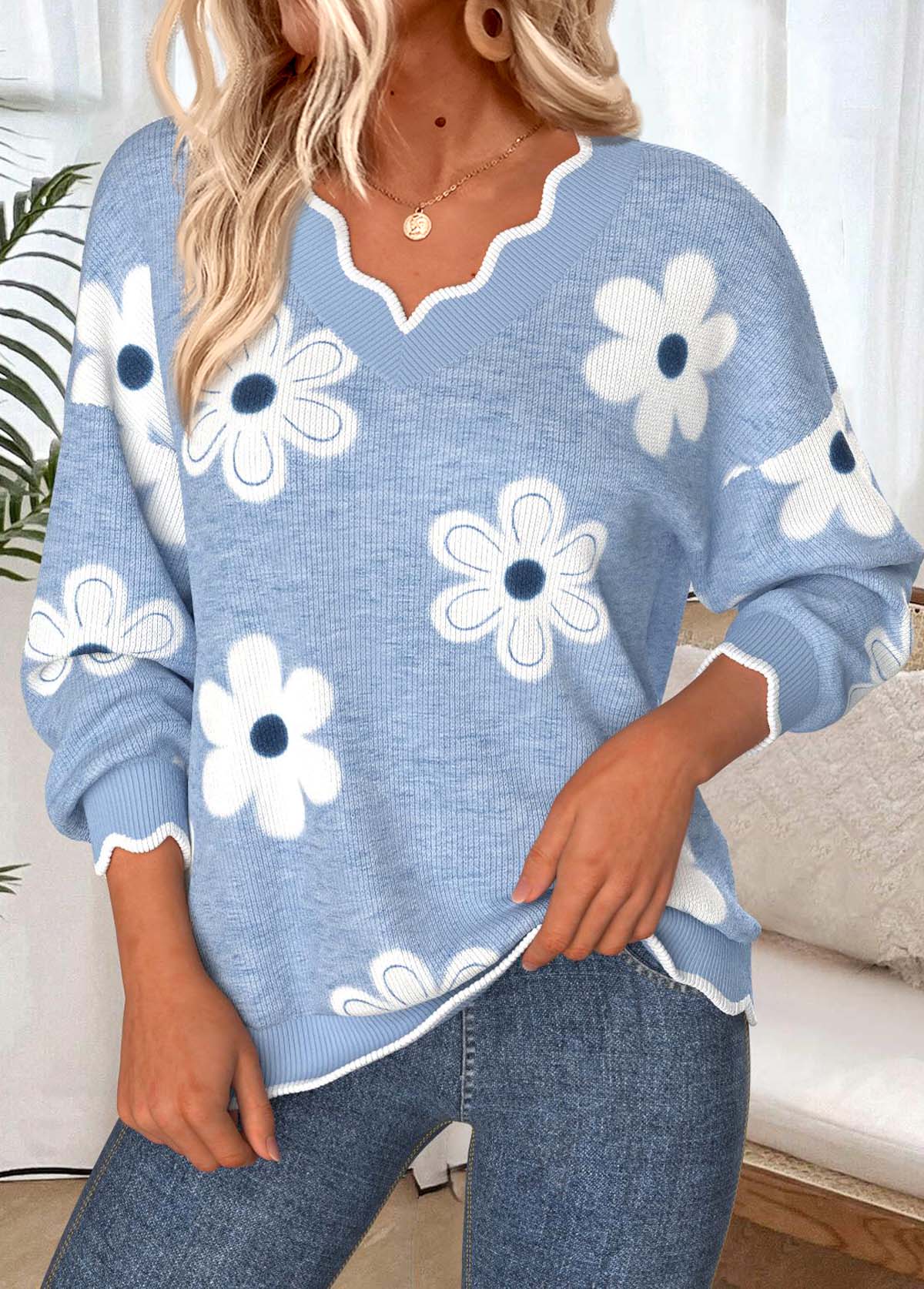 Modlily Dusty Blue Scalloped Hem Floral Print Long Sleeve Sweatshirt - M