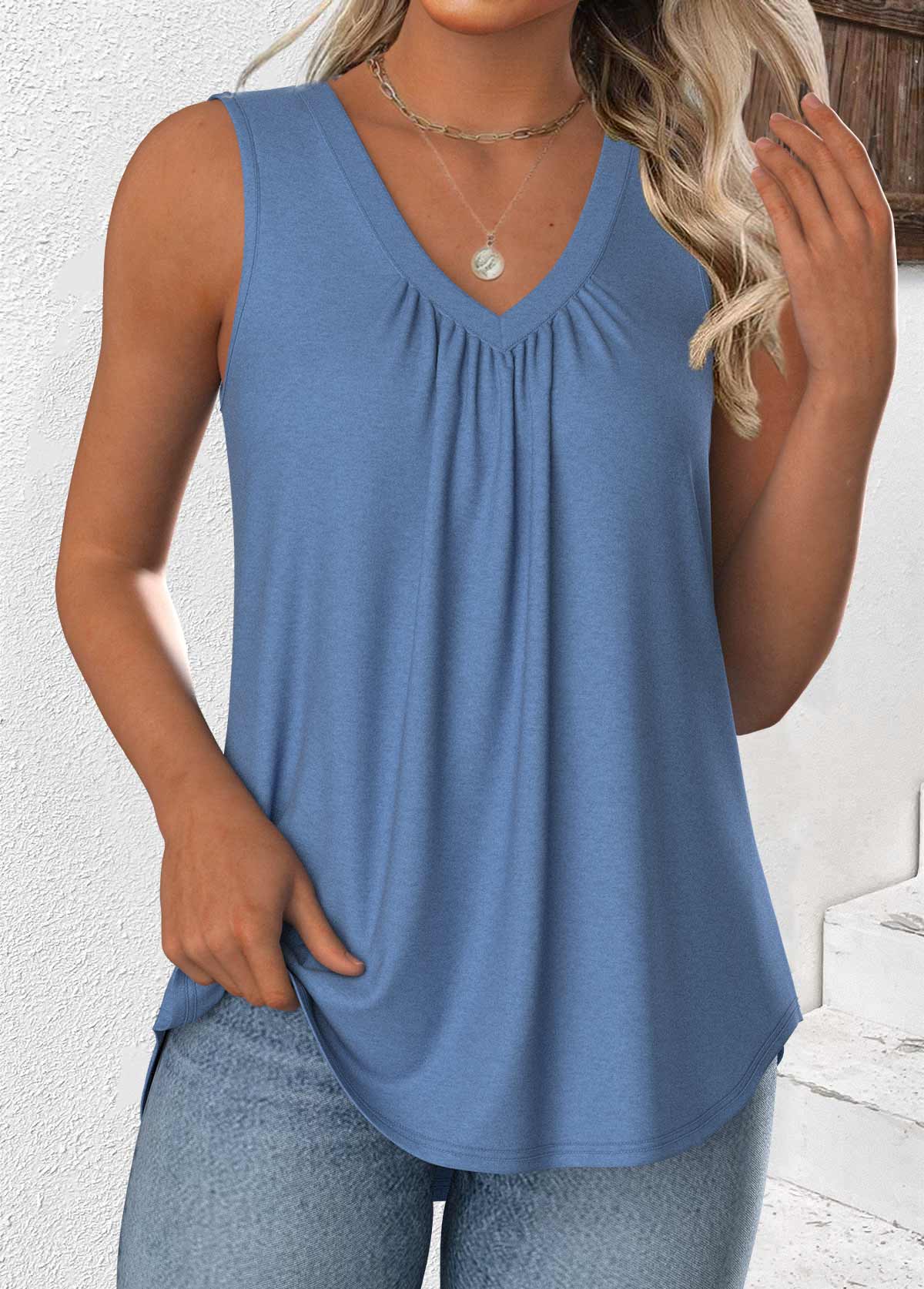 Modlily Dusty Blue Sleeveless V Neck Tank Top - S