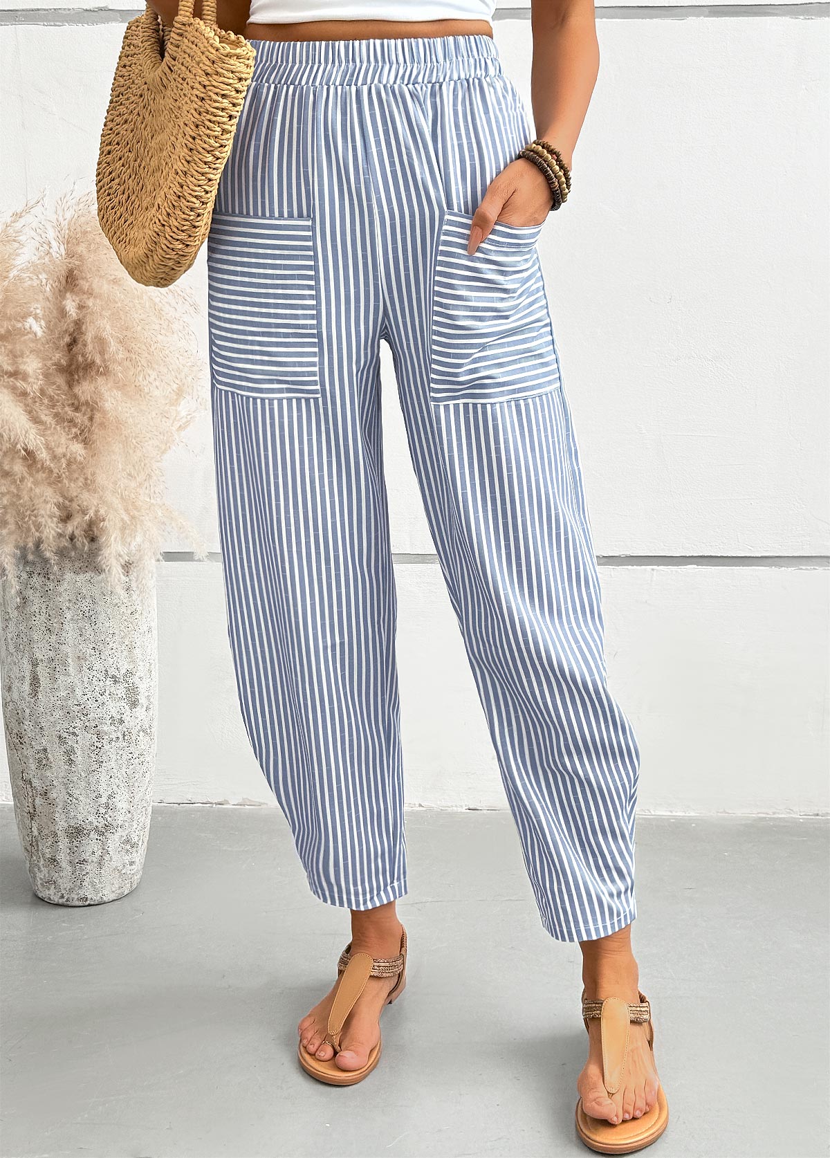 Modlily Dusty Blue Striped Elastic Waist High Waisted Pants - M
