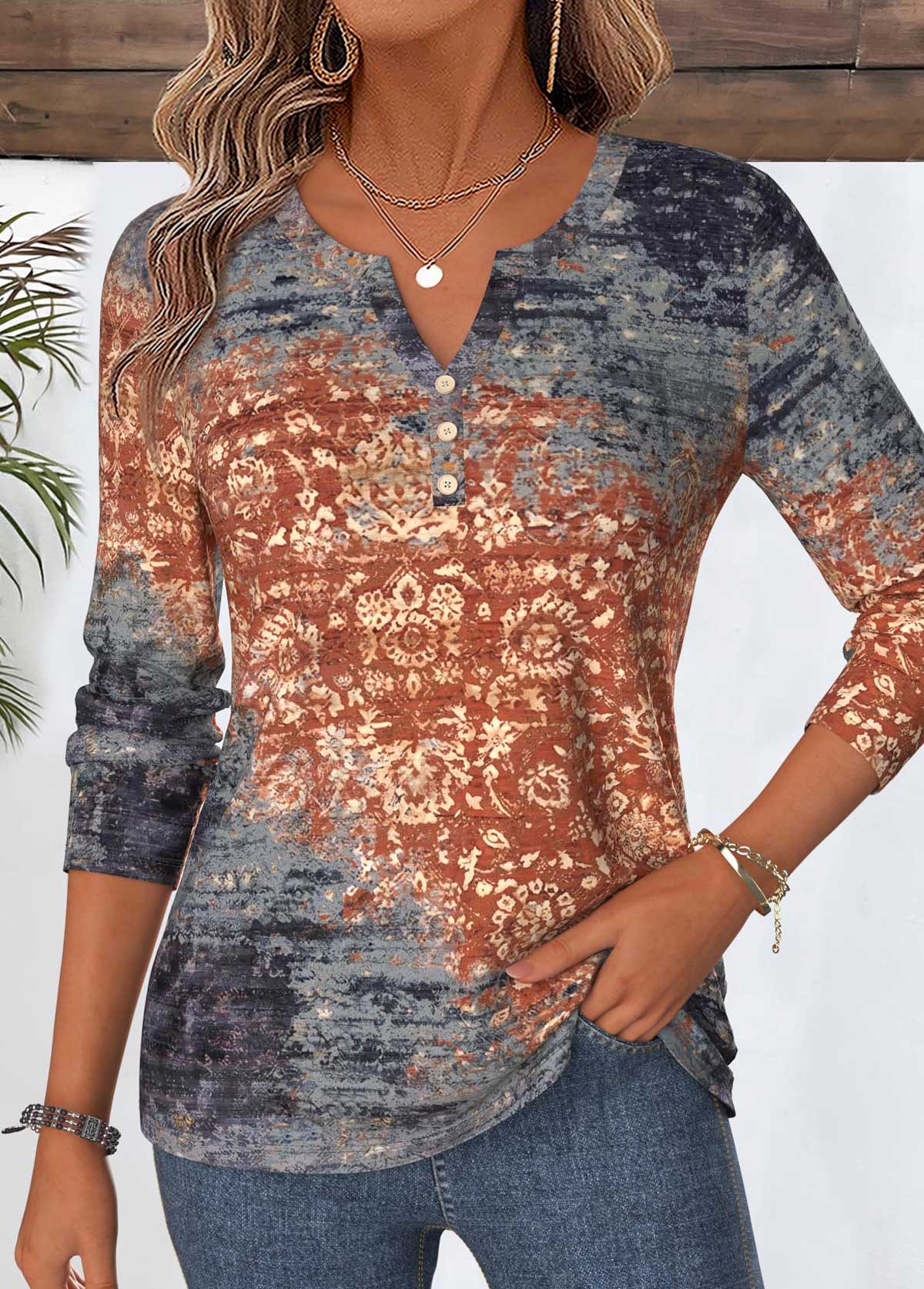 Modlily Dusty Blue Tribal Print Curved Hem T Shirt - L
