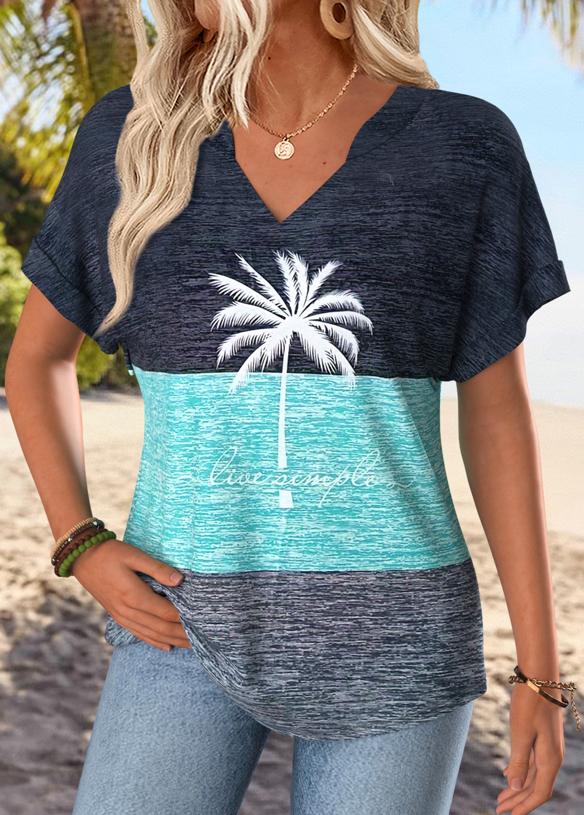 Modlily Dusty Blue Tropical Plants Print Tummy Coverage T Shirt - L