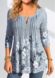 Modlily Dusty Blue Tuck Stitch Random Floral Print Blouse - S