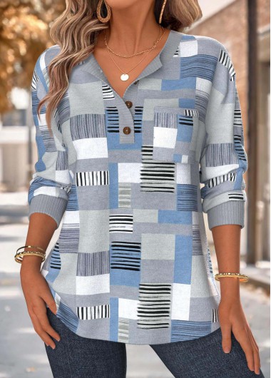 Modlily Dusty Blue Tummy Coverage Geometric Print Long Sleeve Sweatshirt - S