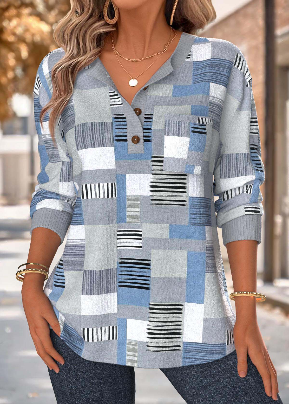 Modlily Dusty Blue Tummy Coverage Geometric Print Long Sleeve Sweatshirt - S